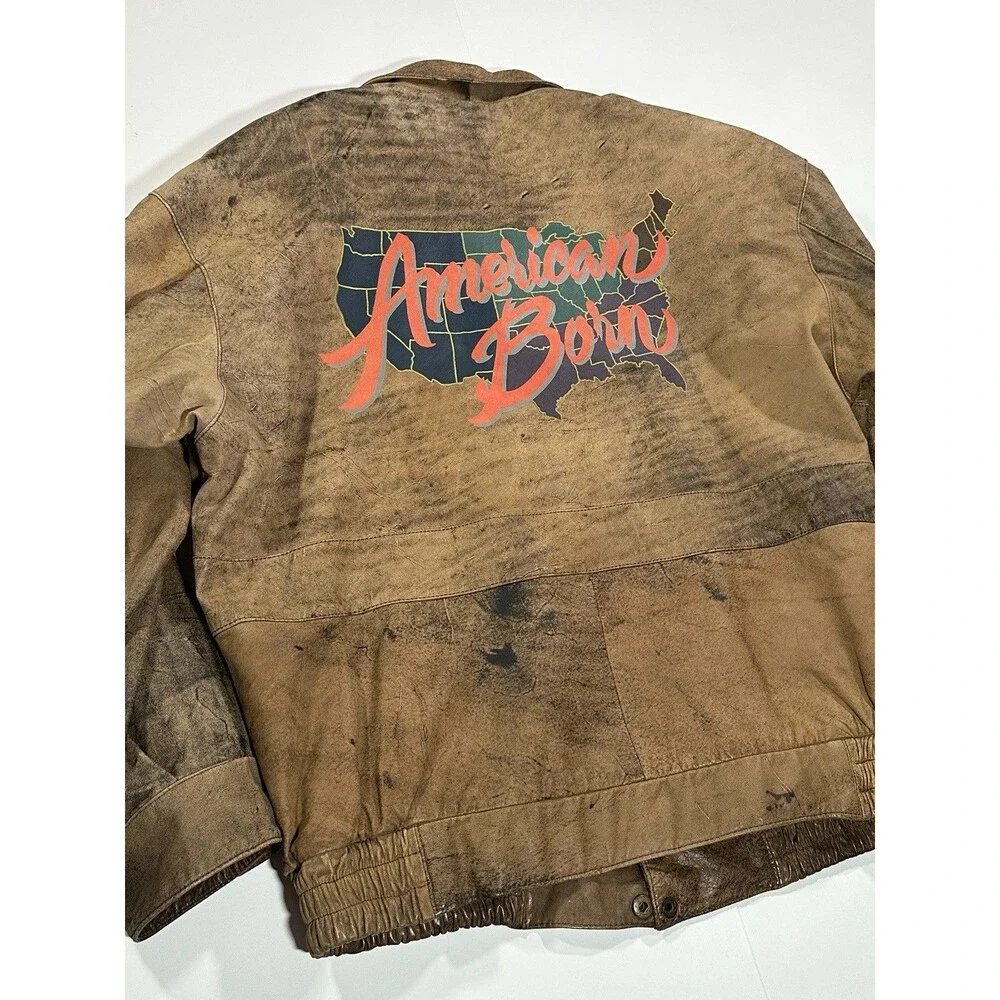 Vintage 80s Adidas Leather Jacket Distressed Patchwork Map Lined USA Men’s Large
